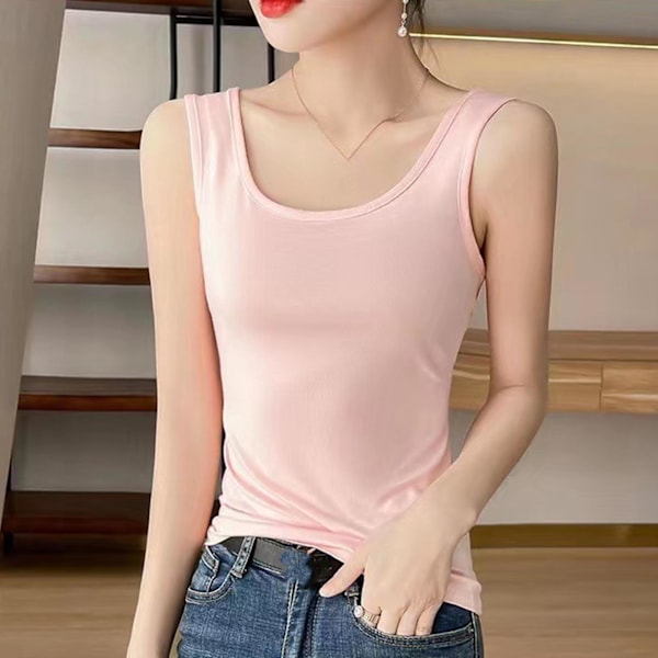 Tanktopp for kvinner, myk og pustende, bred stropp, uten ermer, ensfarget tanktopp for vår og sommer, rosa, XL