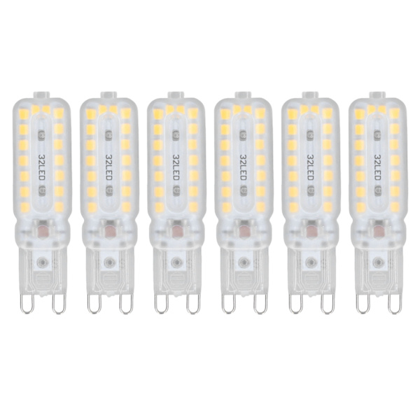 6 stk G9 LED-pærer 7W dimbar 360° belysning erstatningslyspære for vegg skrivebords skaplampe varm hvit 110-140V