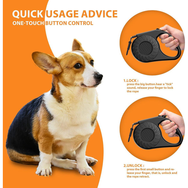 Udtrækkelig hundesnor - fri for sammenfiltring, skridsikkert håndtag, kraftig nylontape, enhåndslås og oplåsning (sort)