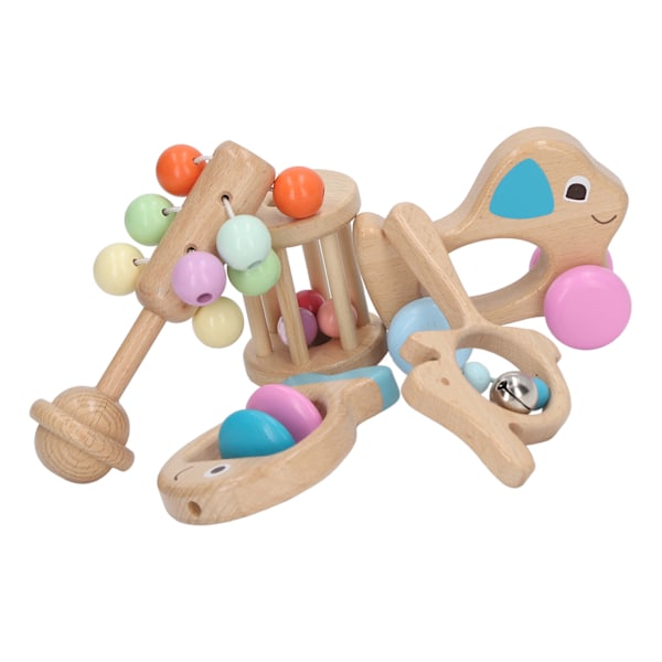 5 stk Baby Wooden Rattle Toy Set Nyfødt Baby Morsom Søt Glatt Fisk Hund Bilformet Rattle Toy