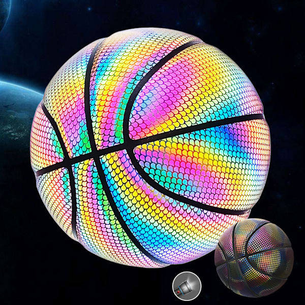 Storlek 7 Reflekterande Holografisk Basketboll för Nattspel Lysande Basketboll i Mörkret Basketboll Presenter Leksaker för Vuxna Barn