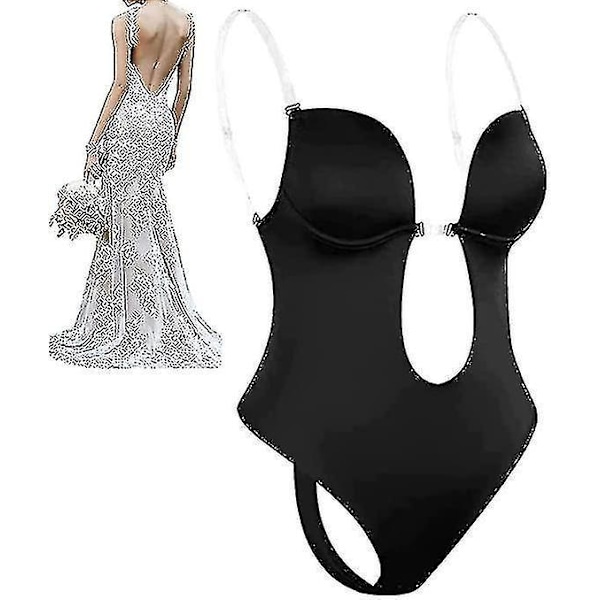 Plunging Deep V-hals Kvinde Strapless Rygløs Body Shaper Bodysuit M Sort