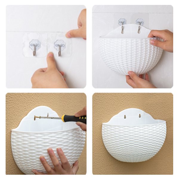 Imitation Rattan Väggmonterad Halvrund Blomkruka Ingen Borrning Hängande Blomkorg Balkong Blomkruka Hydroponisk Blomkruka
