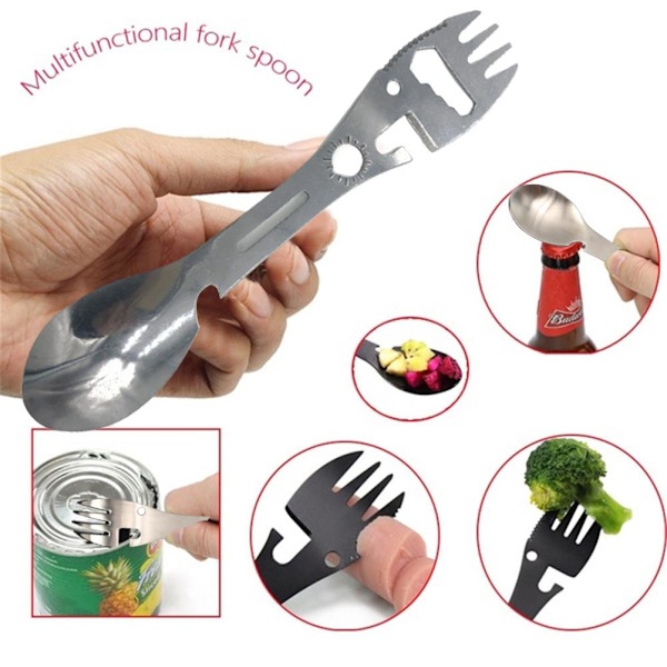 10-i-1 Multifunktionell Camping Spork Rostfritt Stål Sked Gaffel med Skärare Burk Öppnare Skiftnyckel för Kök Utomhus Vandring Backpacking