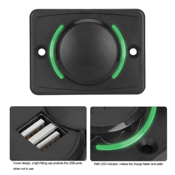 12V 24V 3.1A Dobbel USB Billader Uttak LED Grønt Lys