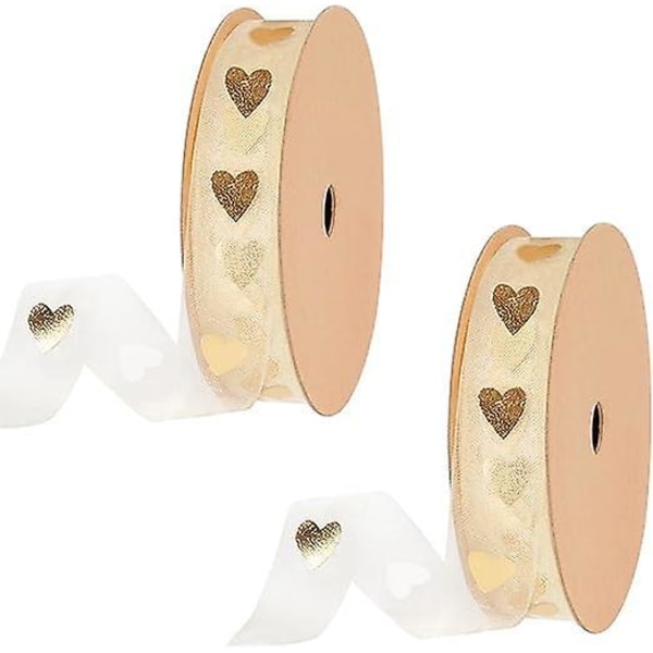 Hjertetrykk satengbånd - perfekt for håndverk, gaveinnpakning, bryllupsdekorasjon - 2 ruller (1,5 cm x 9 m)