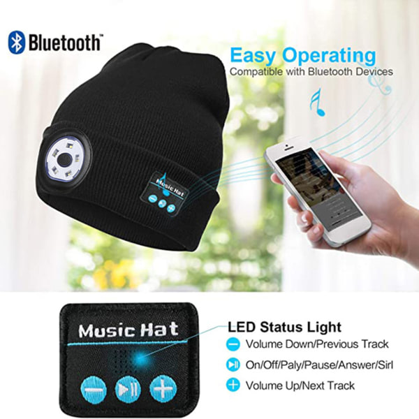 Bluetooth 5.0 LED Beanie Hat med LED-ljus inbyggd stereohögtalare och Mic Warm Hat för sport och utomhus