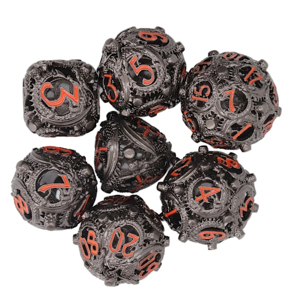 7-delad ihålig tärningssats i koppar, bärbar balanserad rullande graverad metall polyhedral tärningssats för brädspel svart nickel orange