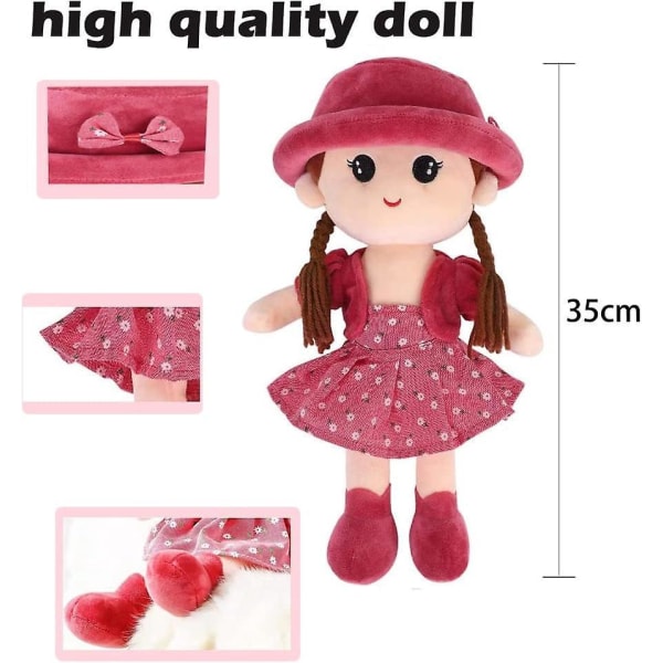 Søt rosa 35 cm plysj baby jentedukke - avtagbar kjole og hatt