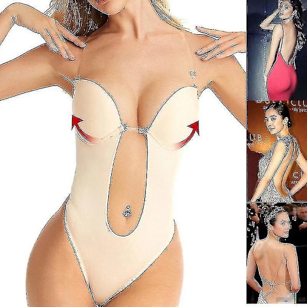 Syvä V-aukkoinen olkaimeton selkämyksellinen vartalonmuotoilu Shapewear naisille M Beige