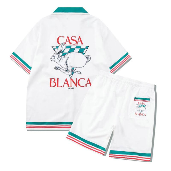 Stadium Print Casablanca Tennis Club kortærmet skjorte og shorts sett, unisex for sommeren, casual hip-hop hawaiisk strand stil CA02 M