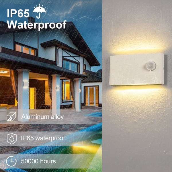 Moderne innendørs/utendørs 12W LED-vegglampe med bevegelsessensor og varmhvit IP65 - ideell for trapper, gang, balkong