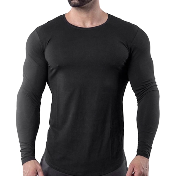 Menn Tight Top Elastisk Hurtigtørkende Bomullsblend Langærmet T-skjorte for Trening Løping Svart XXL