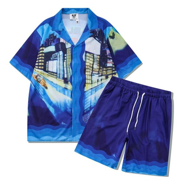 Stadium Print Casablanca Tennis Club kortærmet skjorte og shorts sett, unisex for sommeren, casual hip-hop hawaiisk strand stil CA29 XL