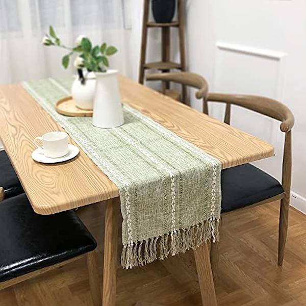 Retro Bordløber Elegant Håndvævet Bomuldslinned Spisebordløber med Kvaster til Bryllup Hjem Cross Grøn