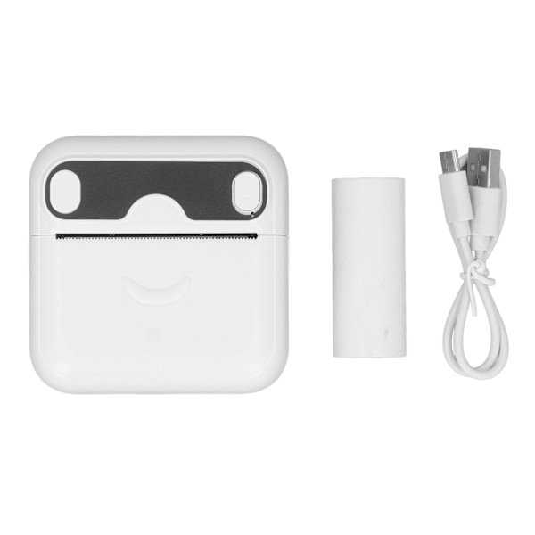 Miniskriver med Bluetooth-tilkobling, blekkfri utskrift, papir for feilspørsmål, notater, hvit