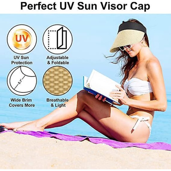 Beige solskjermhatt for kvinner med bred kant og hestehaledesign for sommerstrand UV-beskyttelse, UPF sammenleggbar reisehatt
