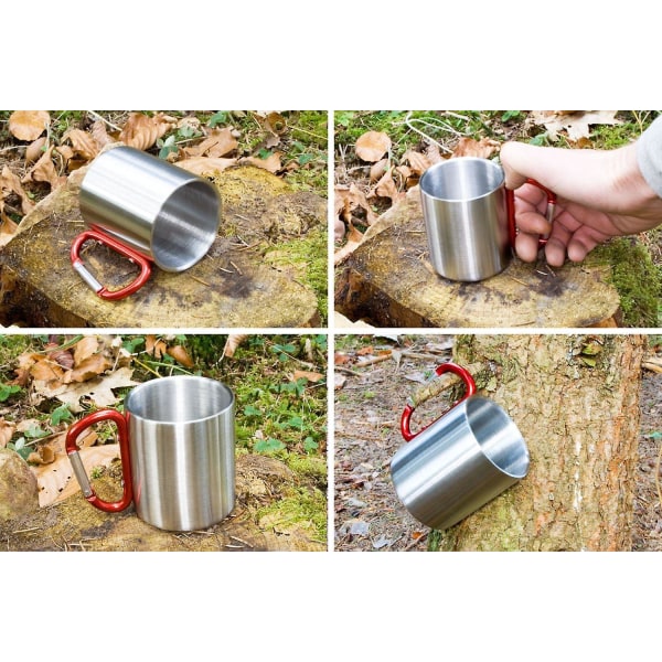 Bærbart campingkrus i rustfrit stål - 220 ml - med karabinhagehåndtag