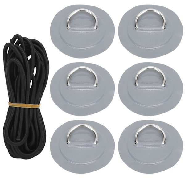 6 stk. PVC D Ring Patch Elastisk Reb Sæt Rustfrit Stål D Ring Patch Bungee Cord Sæt Grå