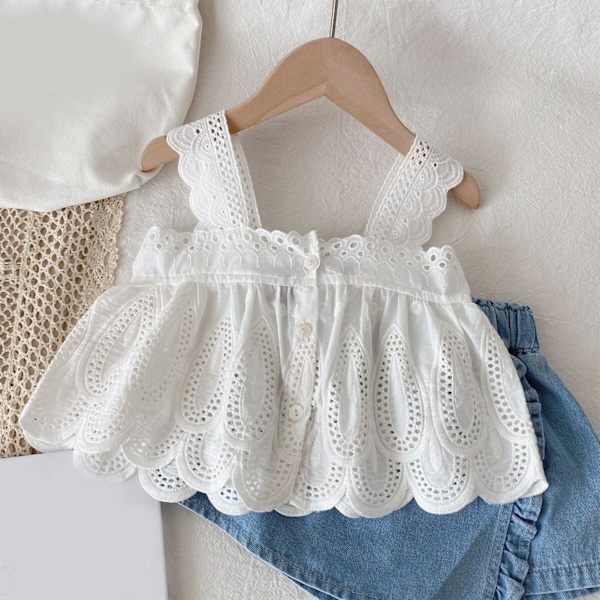 Babytyttöjen kesäpuku, taaperon tyttöjen valkoinen tank-toppi ja siniset shortsit valokuvausmatkoille, koko 80