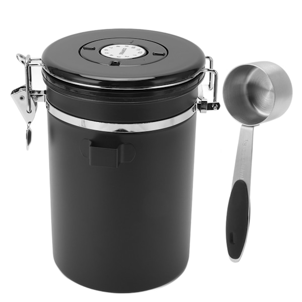 Kaffebeholder i rustfrit stål med lufttæt beholder til kaffe med 30 ml ske og datosporing, kaffekande til opbevaring af 1,8 l, sort