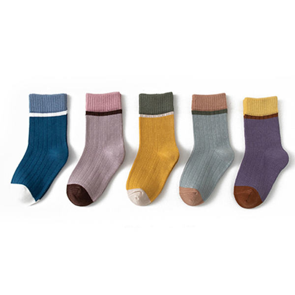 5 Par Barnstrumpor i Mjuk Bomull, Söta Färgblock, Andningsbara, Mid-Calf, Kuddade Crew-Strumpor för Pojkar och Flickor, Passar för 3-5 År