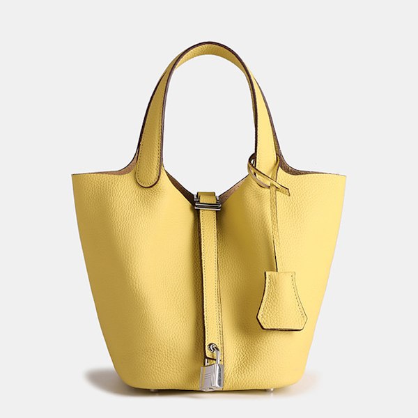 Gul Ko-læder Stor Kapacitet Lychee Mønster Læder Tote Mode Pendler Spandtaske Yellow