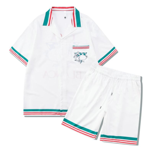 Stadium Print Casablanca Tennis Club kortærmet skjorte og shortsæt, unisex til sommer, afslappet hiphop hawaiiansk strandstil CA02 XL