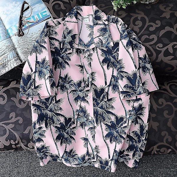 Hawaiian Summer Herrkläder Aloha Strandskjorta Casual Kortärmad Knapp Upp Toppar 2XL Rosa