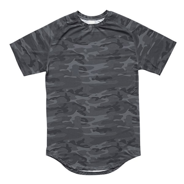 Miesten urheilupaita, iholle miellyttävä, nopeasti kuivuva, hengittävä, mukava, pyöreäkauluksinen T-paita juoksuun, joogaan, musta camouflage, koko M
