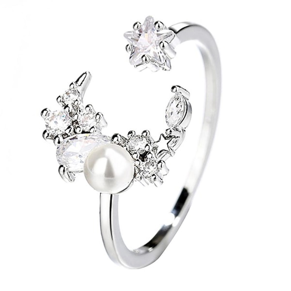 Naisten Cubic Zirkonia Faux Pearl Moon Star Open Finger Ring säädettävät korut