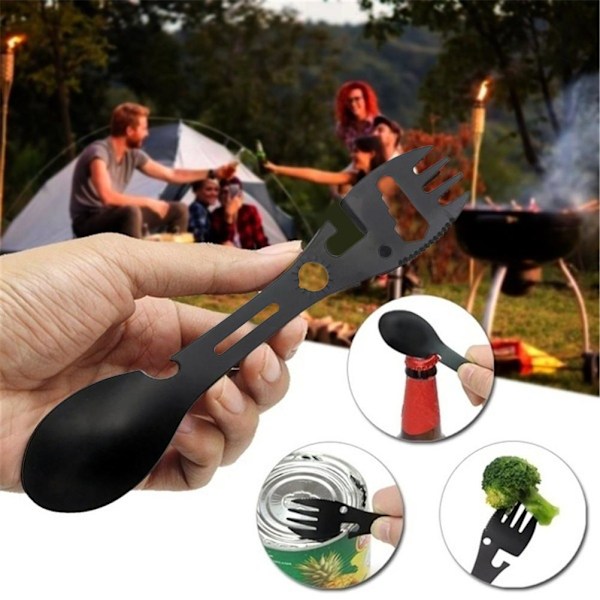 10-i-1 Multifunktionell Camping Spork Rostfritt Stål Sked Gaffel med Skärare Burk Öppnare Skiftnyckel för Kök Utomhus Vandring Backpacking