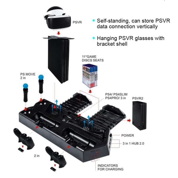Bærbar 3 i 1 opladningsdock opladerbase til PS4 Slim Pro VR