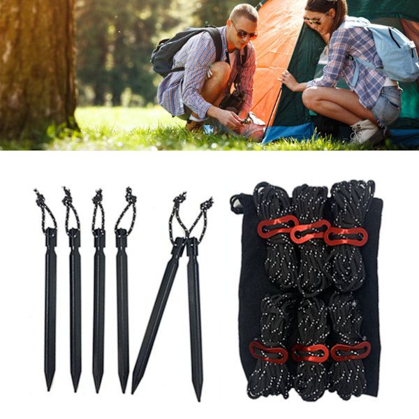 Telttouker, Plugger, Refleksstropper, Sett med Oppbevaringspose for Utendørs Camping, Svart