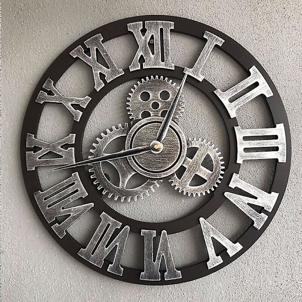 Large Retro Gear Wall Clock - 3D Silent Wooden Design with Roman Numerals for Living Room, Bar, and Industrial Decor