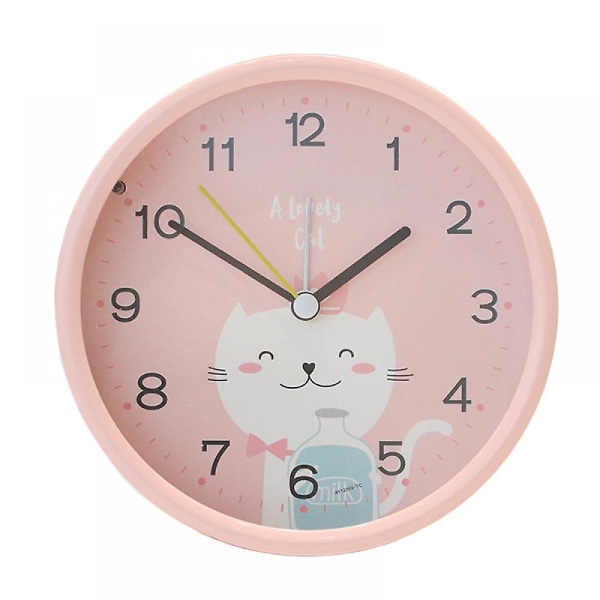 Opiskelijaherätyskello yövalolla, liukumaton pyöreä sarjakuva kissan herätyskello, makuuhuoneen pöytä, kannettava kello - vaaleanpunainen