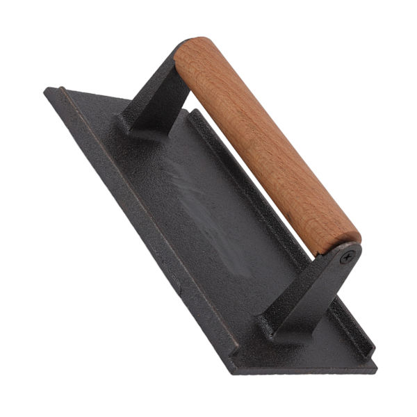 Grillpress Rektangulær Bacon Kød Burger Press Støbejerns Grillpress Grillværktøj med Varmebestandigt Bøgetræ Håndtag 10x20CM