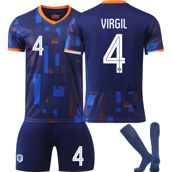 25 Nederländerna borta blå nr 4 Van Dijk fotbollstema fotbollströja set innehåller vuxen- och barnstorlekar No. 4 Van Dijk 2XL(190-200CM）
