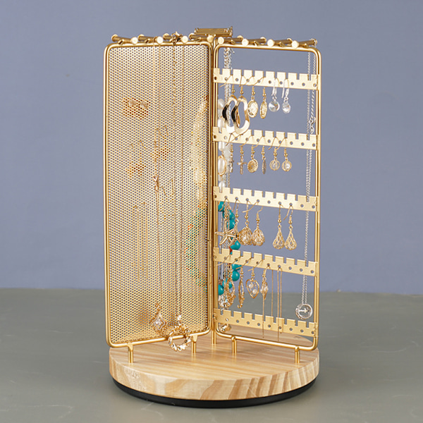 3 i 1 smykkestativ display multi niveauer træ drejelig base smykke display holder til halskæde guld