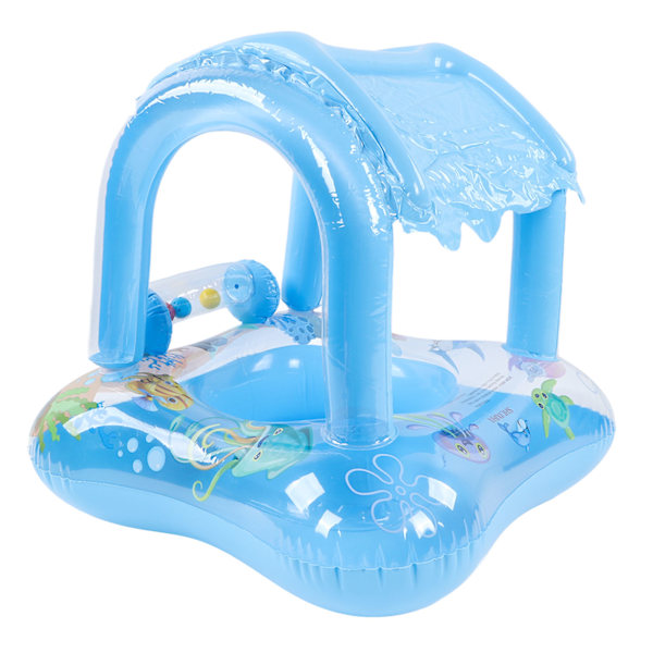 Baby Pool Float Solskydd Badring Spädbarns Säte Båt Uppblåsbar Leksak med Markis Handtag Liten Klocka Blå