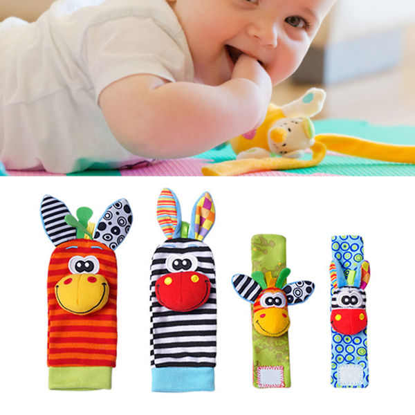 Baby Foot Rattles Strumpor Djur Plysch Fyllda Bomull Ljusa Färger Handled Rattles för Spädbarn