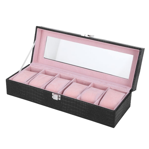 6-fack klocklåda PU-läder rektangulär armbandsur displayfodral arrangör present svart