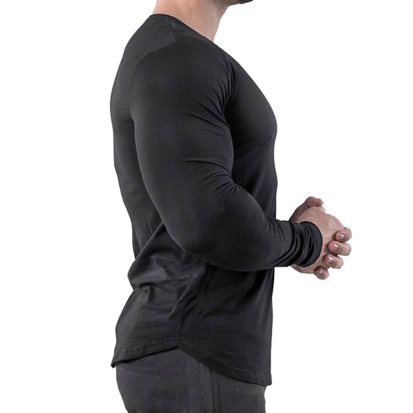 Mænds Stram T-shirt med Elastisk Top, Hurtigtørrende Bomuldsblanding, Langærmet, Fitness Løbetøj, Sort XXL