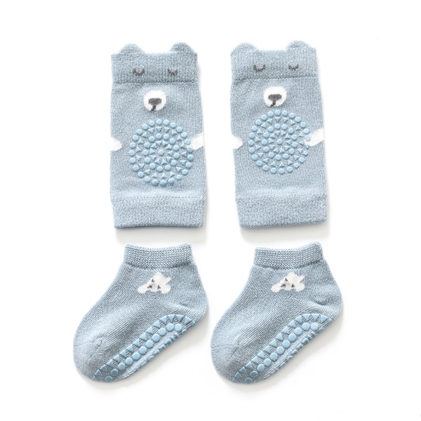 Baby Knäskydd Strumpor Set Mjuk Bomull Förhindra Halkpunkter Krypande Knä Fotskydd Blå L 2-4 År Gammal