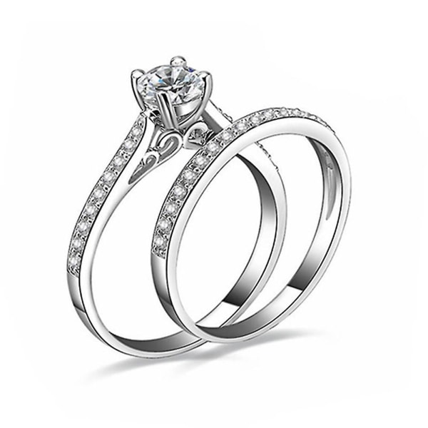 Kvinnor Förlovning Bröllop 2st Ring Set Cubic Zirconia Vit Silver Pläterade Ringar 6