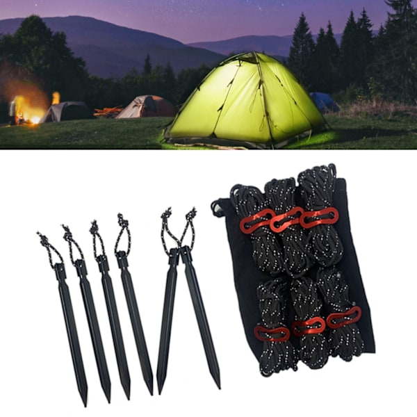 Telttouker, Plugger, Refleksstropper, Sett med Oppbevaringspose for Utendørs Camping, Svart