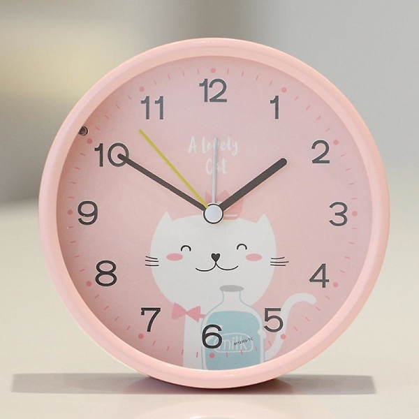 Opiskelijaherätyskello yövalolla, liukumaton pyöreä sarjakuva kissan herätyskello, makuuhuoneen pöytä, kannettava kello - vaaleanpunainen