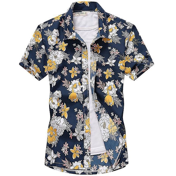 Hawaiian Summer Herr Aloha Beach Skjorta Casual Kortärmad Knapp Upp Topp 3XL Blå