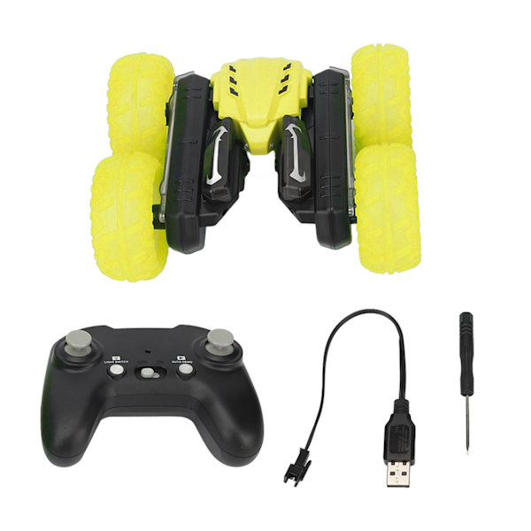 RC Stuntbil 2.4G Hög Hastighet Blommande Effekt Dubbelsidig Textdisplay Fjärrstyrd Bil för 8 År och Äldre Gul