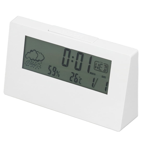 Digital väckarklocka Snooze-funktion LCD Tid Datum Temperatur Fuktighet Display Sängbord Elektronisk klocka med ljus Vit